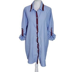 Love J Blue Striped Button-Up Tunic Shirt NWOT Size Large Preppy Blue Tunic